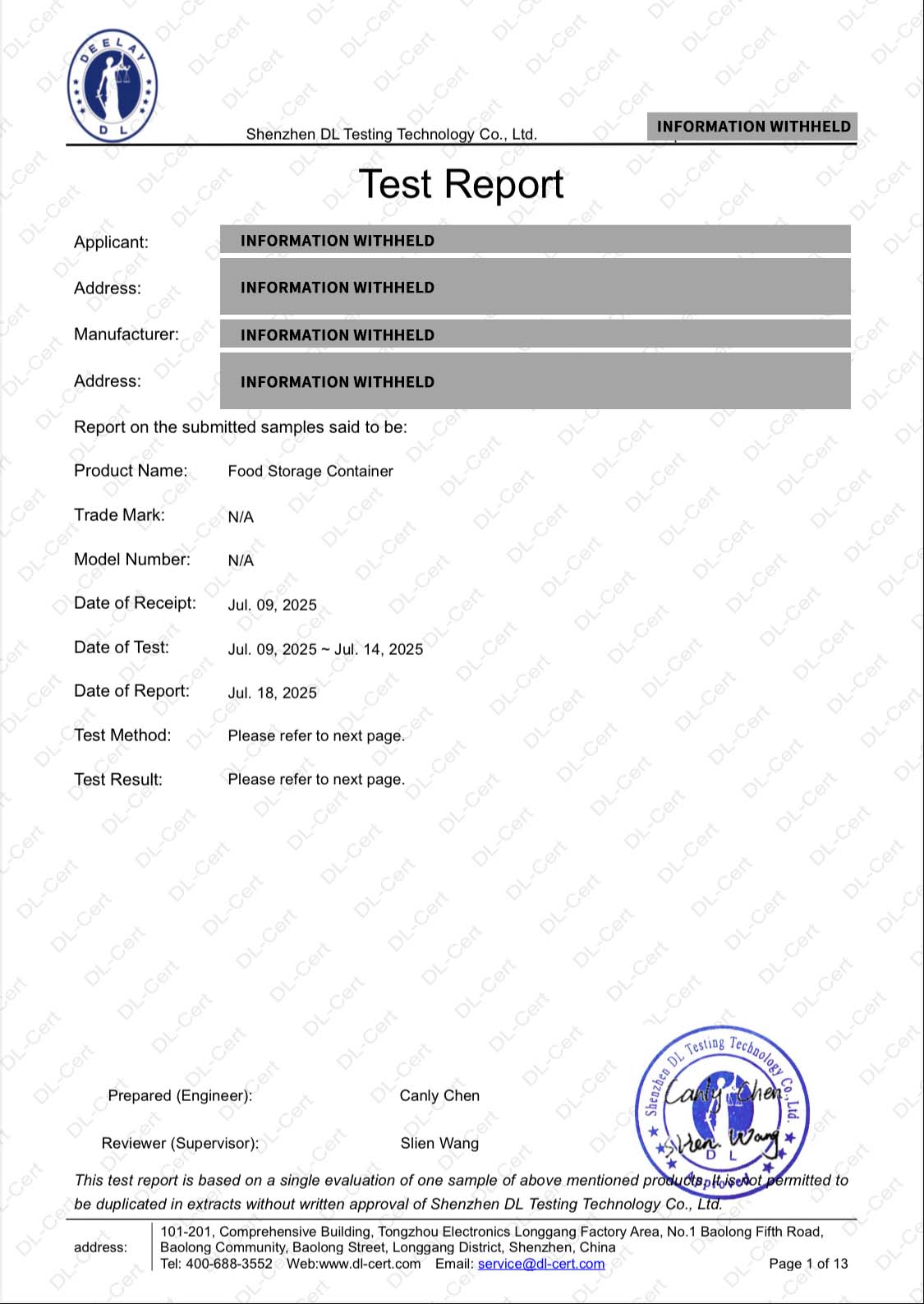 Food contact material supporting document